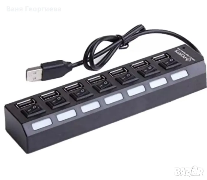 7-портов USB хъб със супер бърз 480mbps високоскоростен трансфер, бутон за включване/изключване, снимка 1