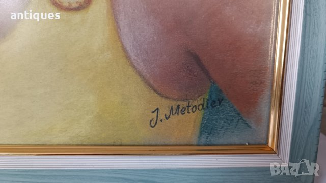 Картина "Жена" - пастели върху картон - J.Metodiev - 48/38см, снимка 6 - Антикварни и старинни предмети - 43581835