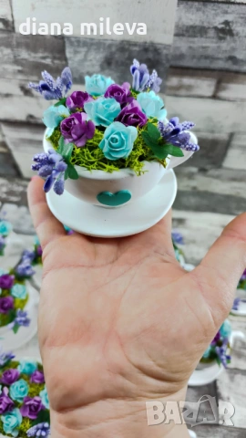 Сладурски Чашки с нежни цветлета в тюркоаз и лилаво!!, снимка 4 - Декорация за дома - 53240250
