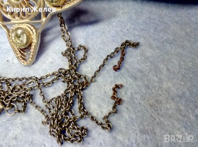 СТАР ФИЛИГРАНЕН ПОСРЕБРЕН МЕДЕН МЕДАЛЬОН с АКВАМАРИН и СРЕБЪРНА ВЕРИЖКА с НУЖДА от ЛЕК РЕМОНТ 44833, снимка 7 - Антикварни и старинни предмети - 49351757