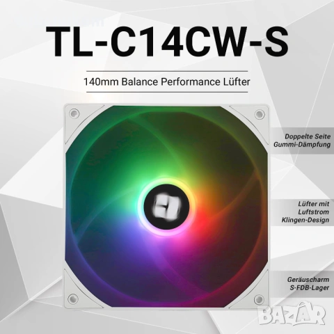 PWM вентилатор TL-C14CW-S 140 mm – тих, ARGB, бял, снимка 2 - Други - 53256979