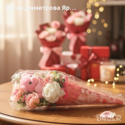 Декоративен подаръчен букет с плюшено мече и изкуствени цветя, снимка 3 - Декорация за дома - 53074326
