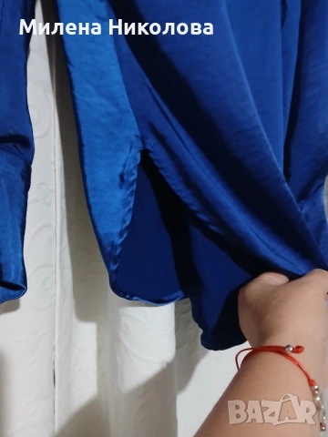 Кралско синя сатенирана риза Л, снимка 3 - Ризи - 53224338