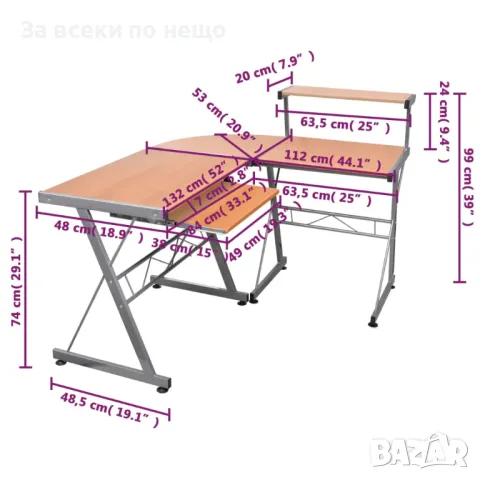Ъглово компютърно бюро, кафяво, 132x112x99 см, инженерно дърво, снимка 5 - Бюра - 48430106