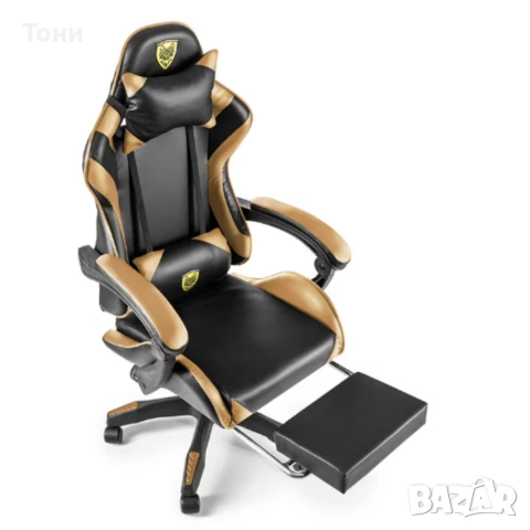 Черен геймърски стол с златисти акценти и разтегляема поставка за крака, снимка 9 - Столове - 53240012