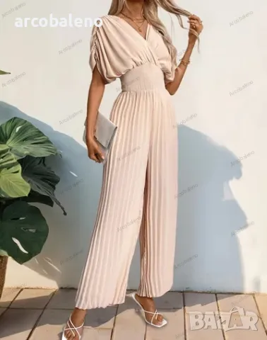 Дамски плисиран широк гащеризон с V-образно деколте, снимка 5 - Гащеризони - 49594223