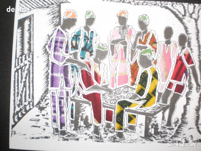 Художествена картичка върху текстилна основа-Мъже в Африка, снимка 2 - Други ценни предмети - 39725841