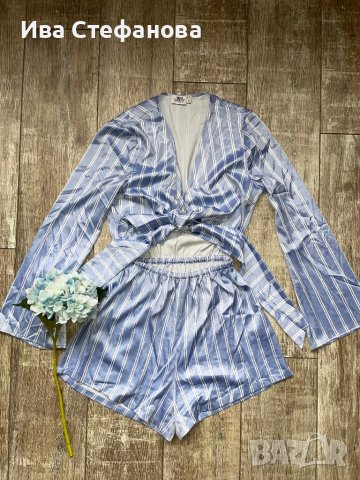 Разкошен летен сатенен син гащеризон сет от две части панталон висока талия топ комплект 2в1, снимка 6 - Гащеризони - 40236228