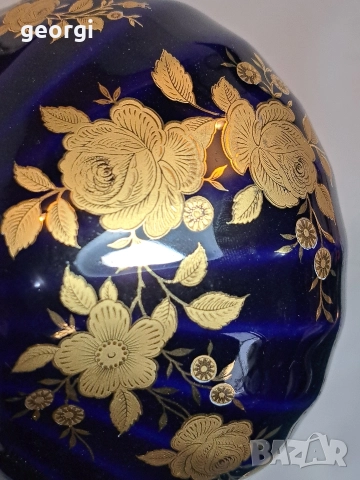 немска порцеланова ваза Wunziedel кобалт с 24 карата позлата М1, снимка 4 - Вази - 52983159