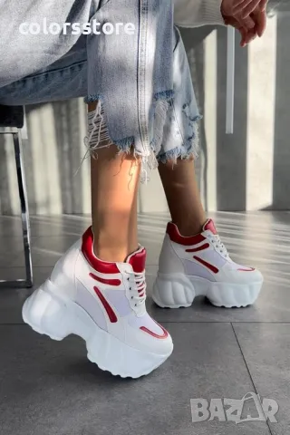 Кецове на платформа - бяло с червено - PA90, снимка 2 - Кецове - 41285206