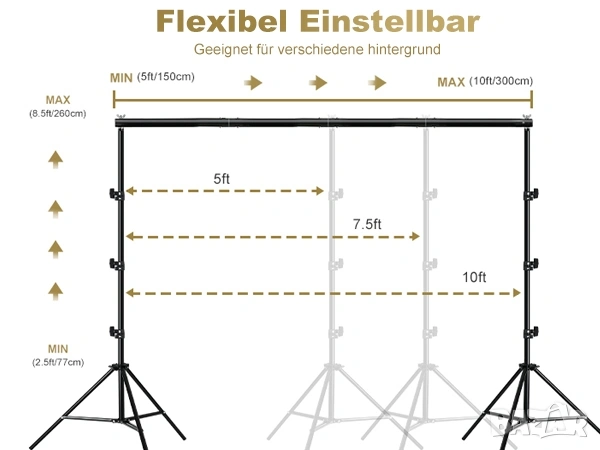 Професионална стойка за фото фон BENOISON 2.6x3м с аксесоари, снимка 10 - Чанти, стативи, аксесоари - 53391192