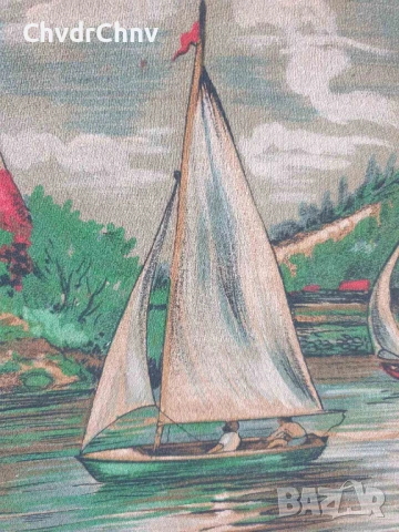 дървена рамка дърворезба 85х62см/голям стар машинно тъкан гоблен/замък-езеро-лодки, снимка 7 - Гоблени - 51345027