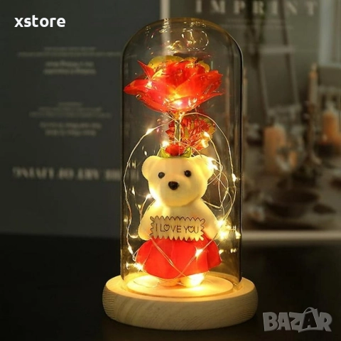 Вечна роза в стъкленица с мече с поличка и лед светлина ПРОМОЦИЯ, снимка 6 - Други стоки за дома - 52793336