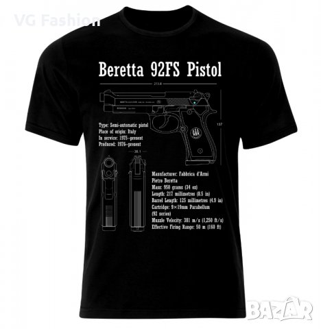 Мъжка Тениска Beretta 92FS Pistol Handgun Blueprint Patent, снимка 1