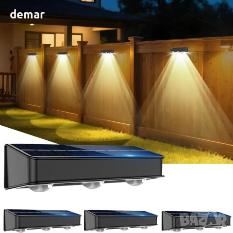 sununiny Комплект от 4 соларни лампи за ограда за открито, 3 лещи, IP65, снимка 1