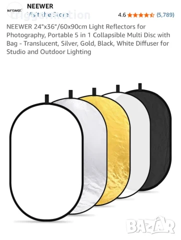 Neewer 5 в 1 мултифункционален фотографски рефлектор за студио и външна фотография 60 ×90 см, снимка 6 - Светкавици, студийно осветление - 51407685