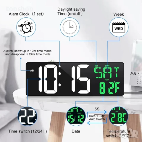 Aolyty 16,5-инчов LED дигитален стенен часовник с дистанционно управление, (бяло-зелен), снимка 3 - Други стоки за дома - 50569506