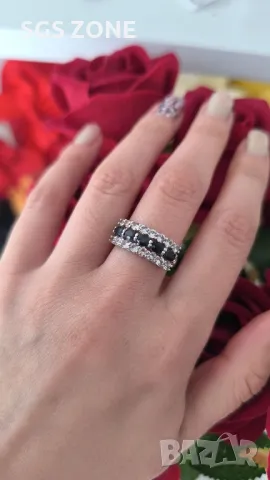 Сребърен Пръстен с Рубин/Сапфири/Изумруди и Два Реда Прозрачни Топази💎, снимка 4 - Пръстени - 49916030
