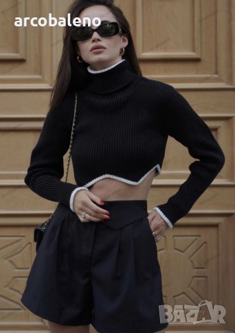 Дамски къс пуловер с яка и неравен подгъв, 9цвята, снимка 6 - Блузи с дълъг ръкав и пуловери - 43905120