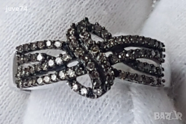 СРЕБЪРЕН ПРЪСТЕН С ДИАМАНТИ ЦВЯТ КОНЯК (АФРИКА) НЕТРЕТИРАНИ СЕРТИФИКАТ