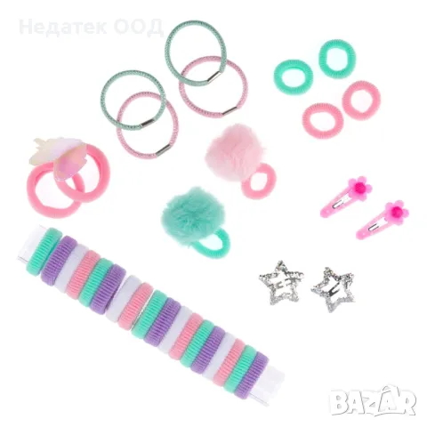 Комплект детски аксесоари за коса, Прозрачна торбичка, 33 бр.