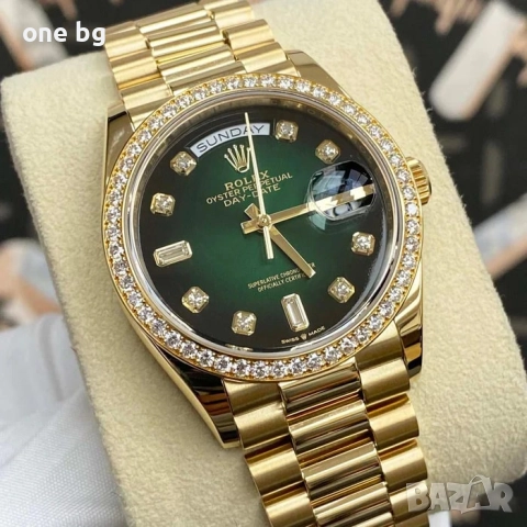 Rolex Day Date President Gold Green Diamond Bezel, снимка 3 - Луксозни - 52461127