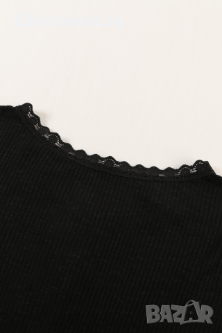 Дамска черна блуза рипс с къс ръкав, деколте с копчета и детайли с бродерия, снимка 9 - Други - 44893289