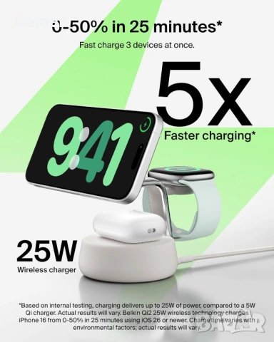 Безжична зарядна станция Belkin UltraCharge Pro 25W, 3-в-1 Qi2.2, снимка 2 - Безжични зарядни - 53379379
