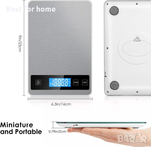 Акумулаторна кухненска везна 15 кг Лед с иноксово покритие, снимка 2 - Електронни везни - 43924833