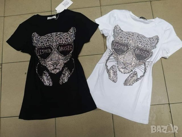 Тениска Party Cat със цветни камъни и надпис Listen Music, снимка 4 - Тениски - 33183296