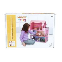 Дървена къща за кукли с мебели и 2 фигури, 49,5x24x61 см, снимка 2 - Образователни игри - 43193418