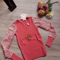 Нов розов пуловер с дантела на намаление, снимка 1 - Блузи с дълъг ръкав и пуловери - 26559130