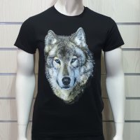 Нова мъжка тениска с трансферен печат Вълк със сини очи, Серия вълци, снимка 1 - Тениски - 27554751