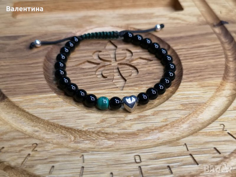 Дамска гривна естествени камъни оникс, малахит и сребърно сърце/Любов, снимка 1