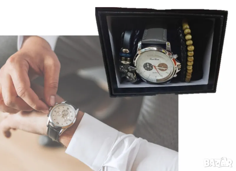 Стилен мъжки часовник в комплект с гривни, снимка 1