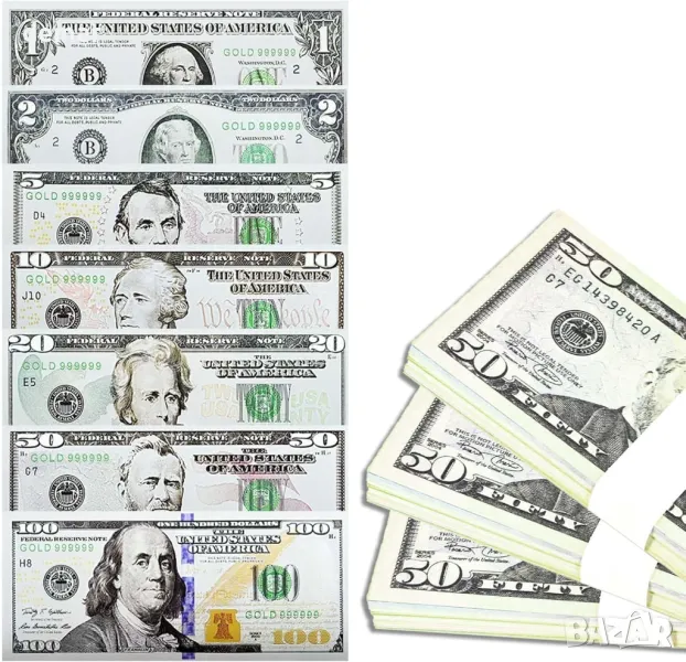 140 бр. фалшиви пари долари, фалшиви банкноти, 7 модела, снимка 1
