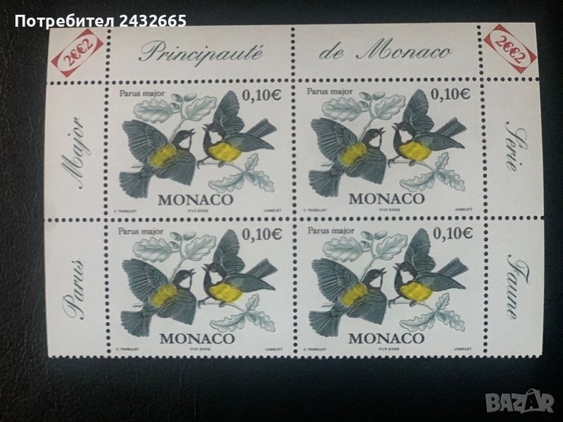 340. Монако 2002 = “ Фауна. Птици. Parus major”, **, MNH ,Каре, снимка 1