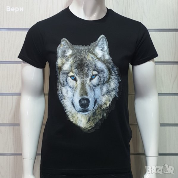 Нова мъжка тениска с трансферен печат Вълк със сини очи, Серия вълци, снимка 1