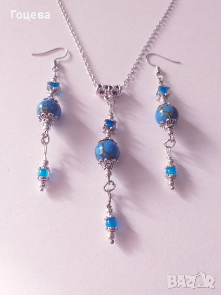 Разкошен комплект бижута обици и колие с редкият камък Азурит и сини Ахати и орнаменти цвят сребро , снимка 1