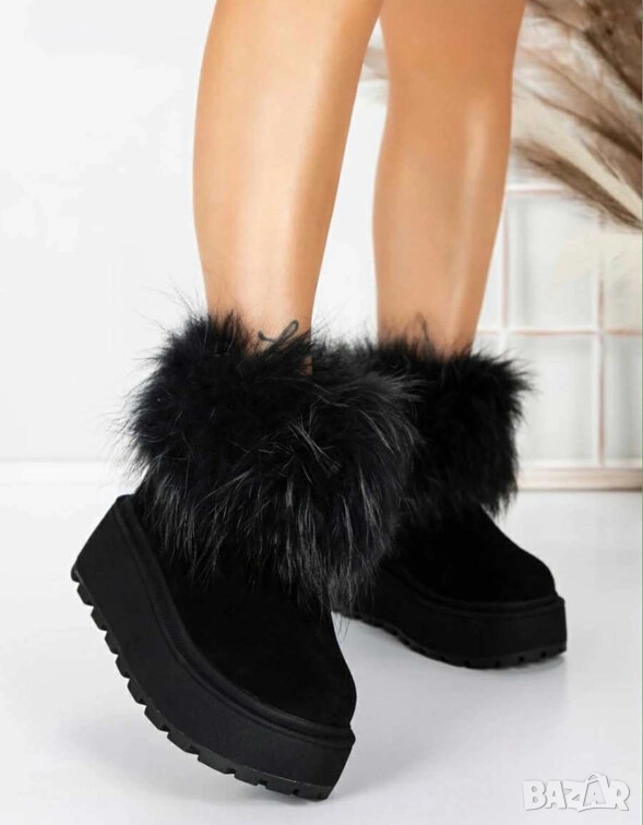 Боти на платформа - черен ЕСТЕСТВЕН велур с черен ЕСТЕСТВЕН косъм, снимка 1