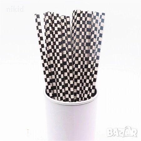 25 бр картонени сламки черно бели квадрати Рали парти украса декорация рожден ден, снимка 1