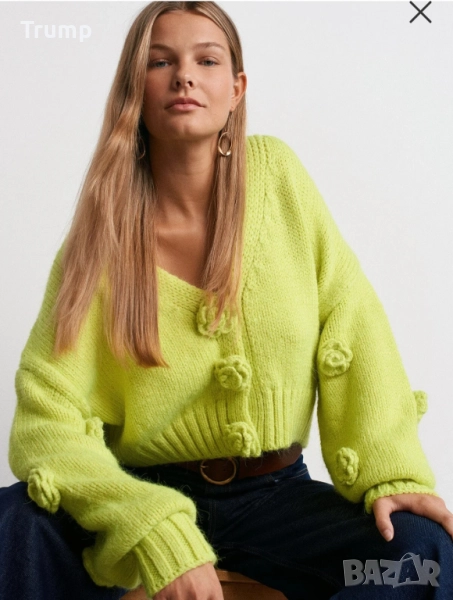 Красива, мека и топла жилетка, 3D цветя, цвят лайм, снимка 1