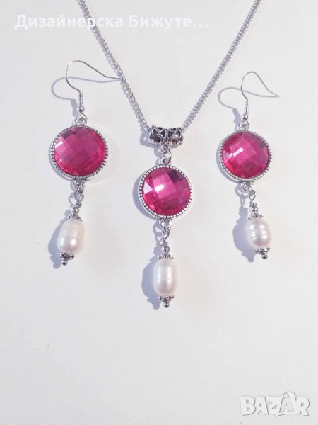 Новият ни комплект обици и колие с естествени перли и розов кабошон, снимка 1