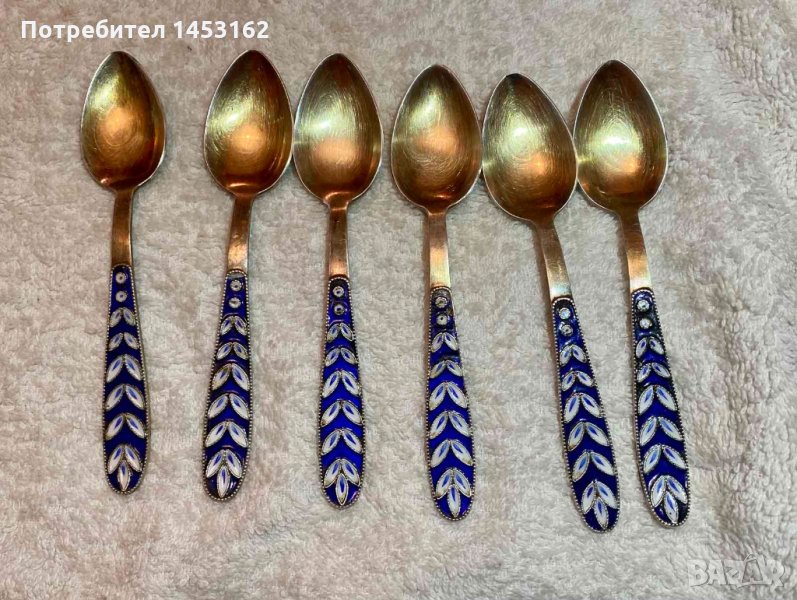 Сребърни руски лъжички с позлата и емайл, снимка 1