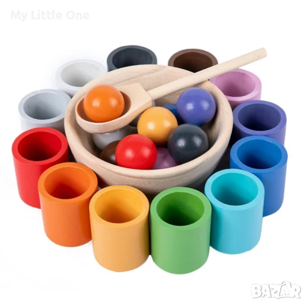 Дървена игра за сортиране с цветни топчета и чашки, снимка 1