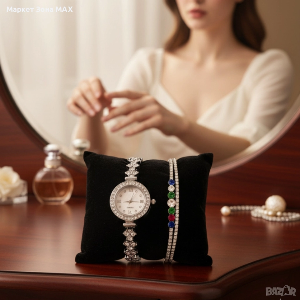Дамски комплект часовник с гривна – елегантен подарък в луксозна кутия, снимка 1