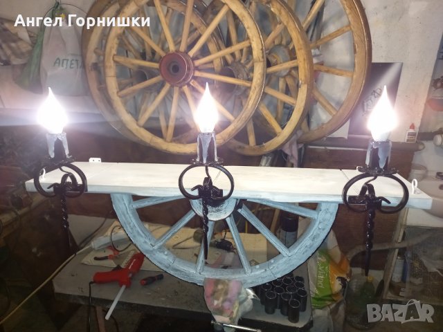 Лампа рафт-етажерща от колело на каруца, снимка 12 - Лампи за стена - 32540271