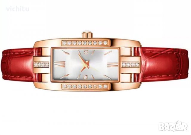 Много красив червен дамски ръчен часовник с камъчета. Нов