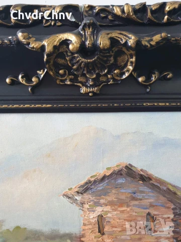 150х89см/стара голяма картина масло върху платно/испанско село-каменни къщи/барокова дървена рамка, снимка 8 - Картини - 50978446