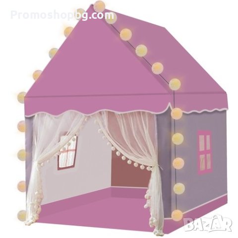 Детска палатка за игра с LED лампи, Розово-сива, Размери 130х100х115 см